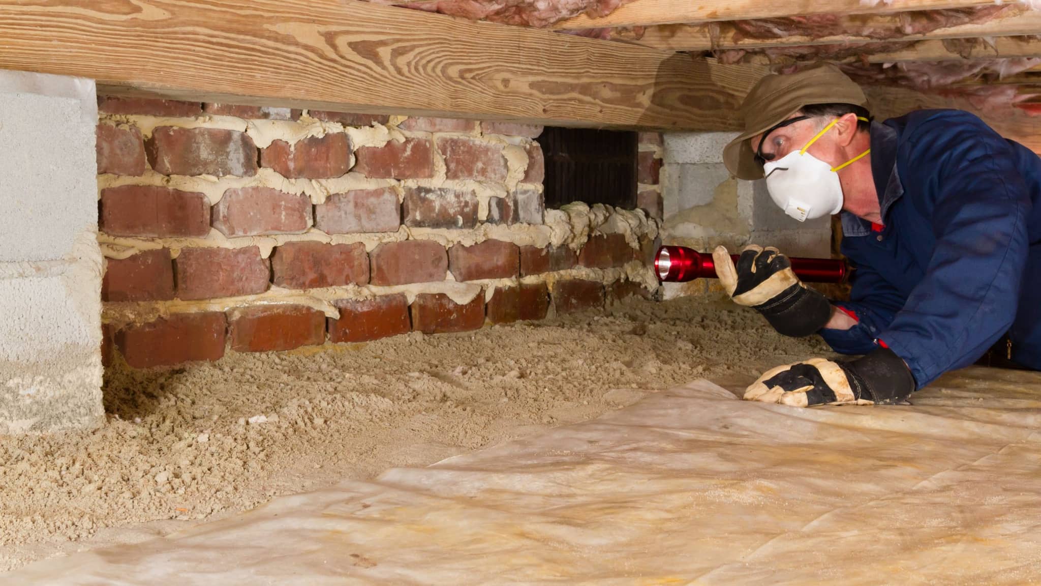Technician with a flashlight and dust mask inspecting a crawl space with a vapor barrier over the ground